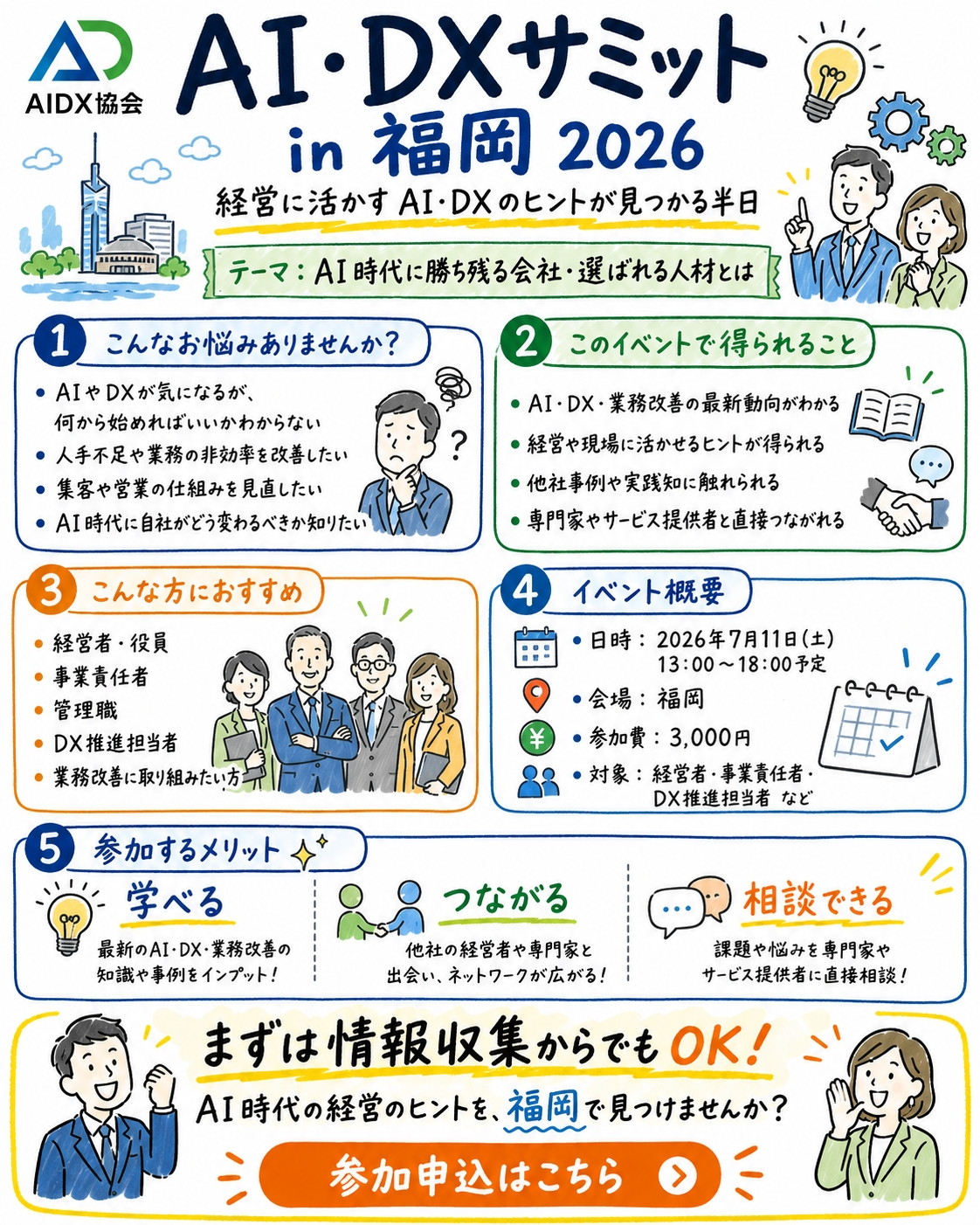 AI・DXサミット in 福岡 2026 案内チラシ — 2026年7月11日(土) 13:00〜18:00 福岡・博多駅東 / 正会員無料・一般3,000円